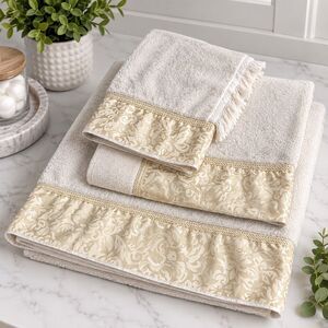 Vintage Towel 3 pcs Set Made In USA Ivory Gold Floral Jacquard Bath Hand NOTES